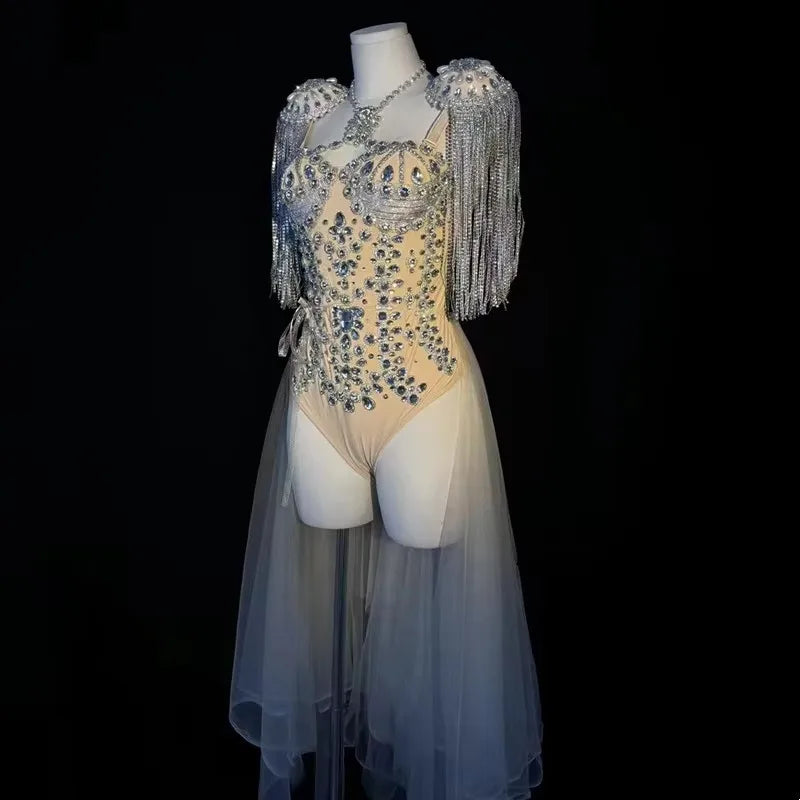 Women's Rhinestone Tassel Dance Bodysuit | Stage Performance Costume