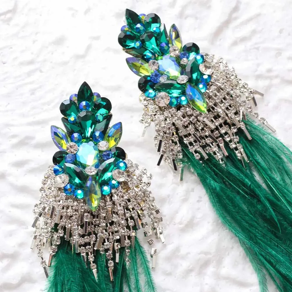 Vintage-Inspired Green Feather Exaggerated Tassel Statement Earrings