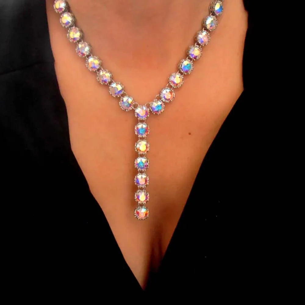 Aurora Borealis Crystal Y Necklace – Rhinestone Lariat Necklace for Brides & Anniversary Gifts