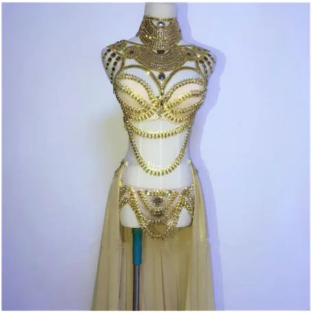 Women's Rhinestone Bikini & Long Trailing Skirt Set | Singer Host Stage Costume for Catwalk & Performance