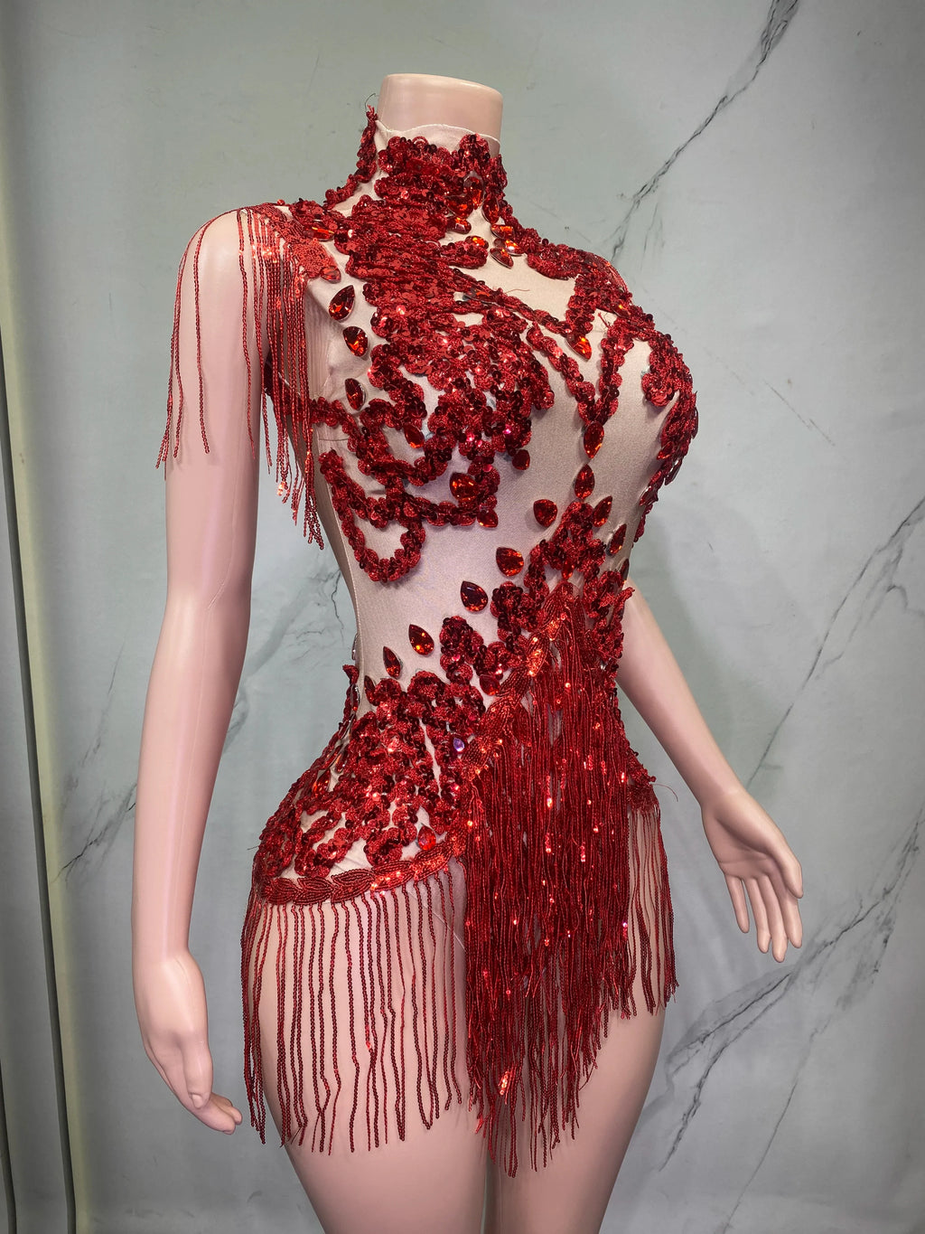 Sheer Mesh Rhinestone Performance Bodysuit for Women