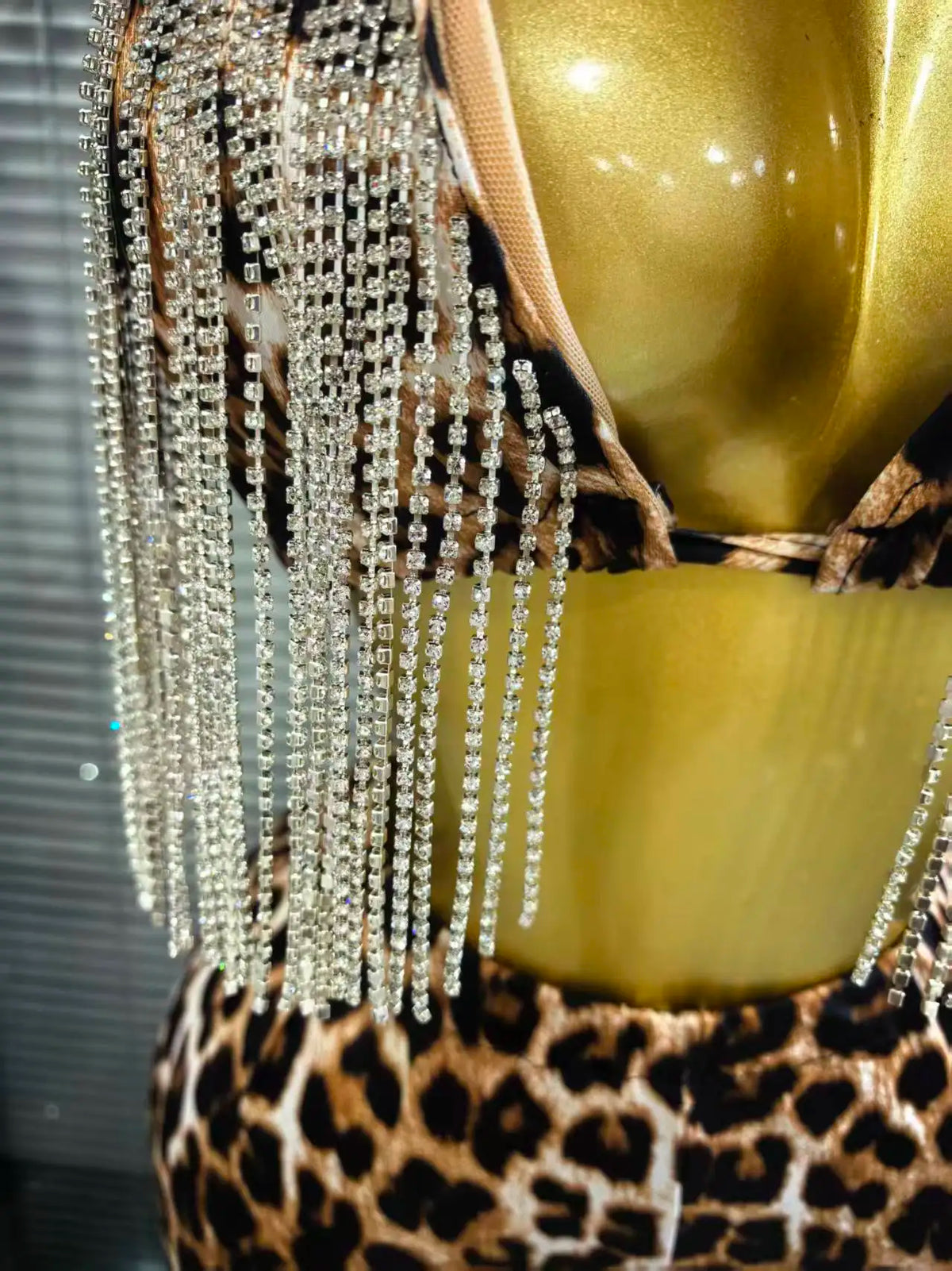 Women's Leopard Print Diamond Chain 2-Piece Bodycon Set | Slim Sequin Outfit for Nightclub & Stage