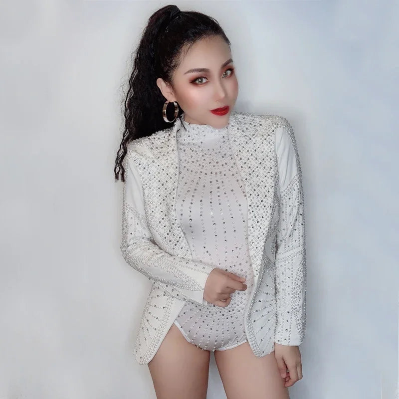 Rhinestone Bodysuit & Coat Set - Women's White Nightclub Dance Costume for Rave, Stage & Gogo Performance