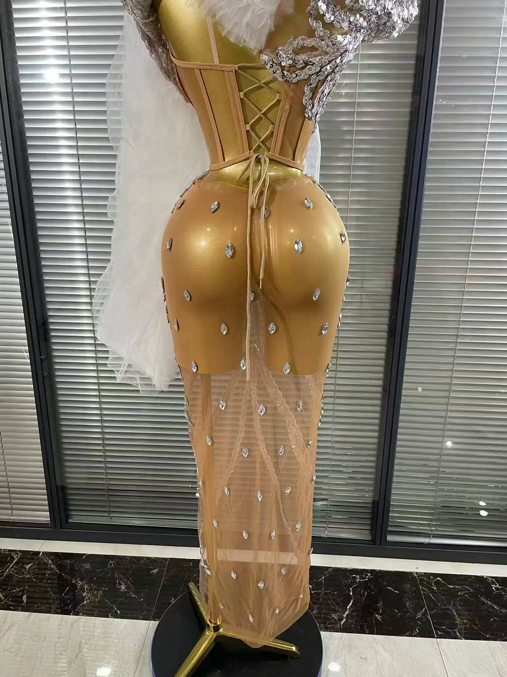 Women Cloak Sleeve Shining Sequins Mesh Ruffles Long Loose Dress Celebrate Performance Costumes Stage Wear