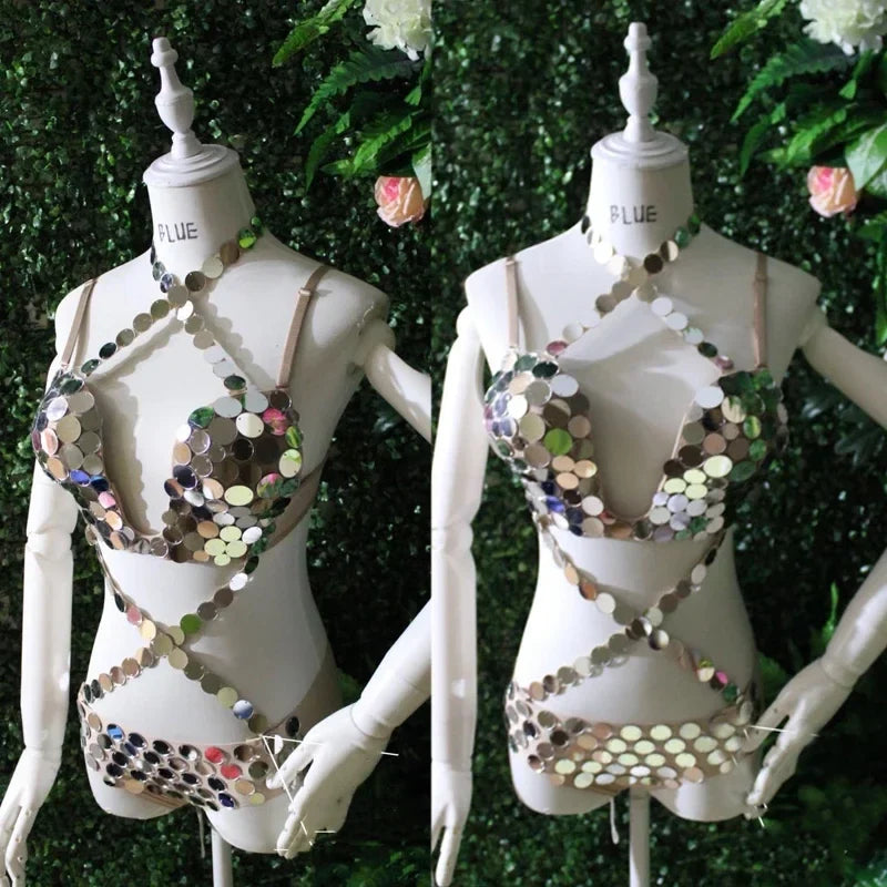 Silver Sequin Pole Dance Bikini Costume for Women | Go-Go Stagewear