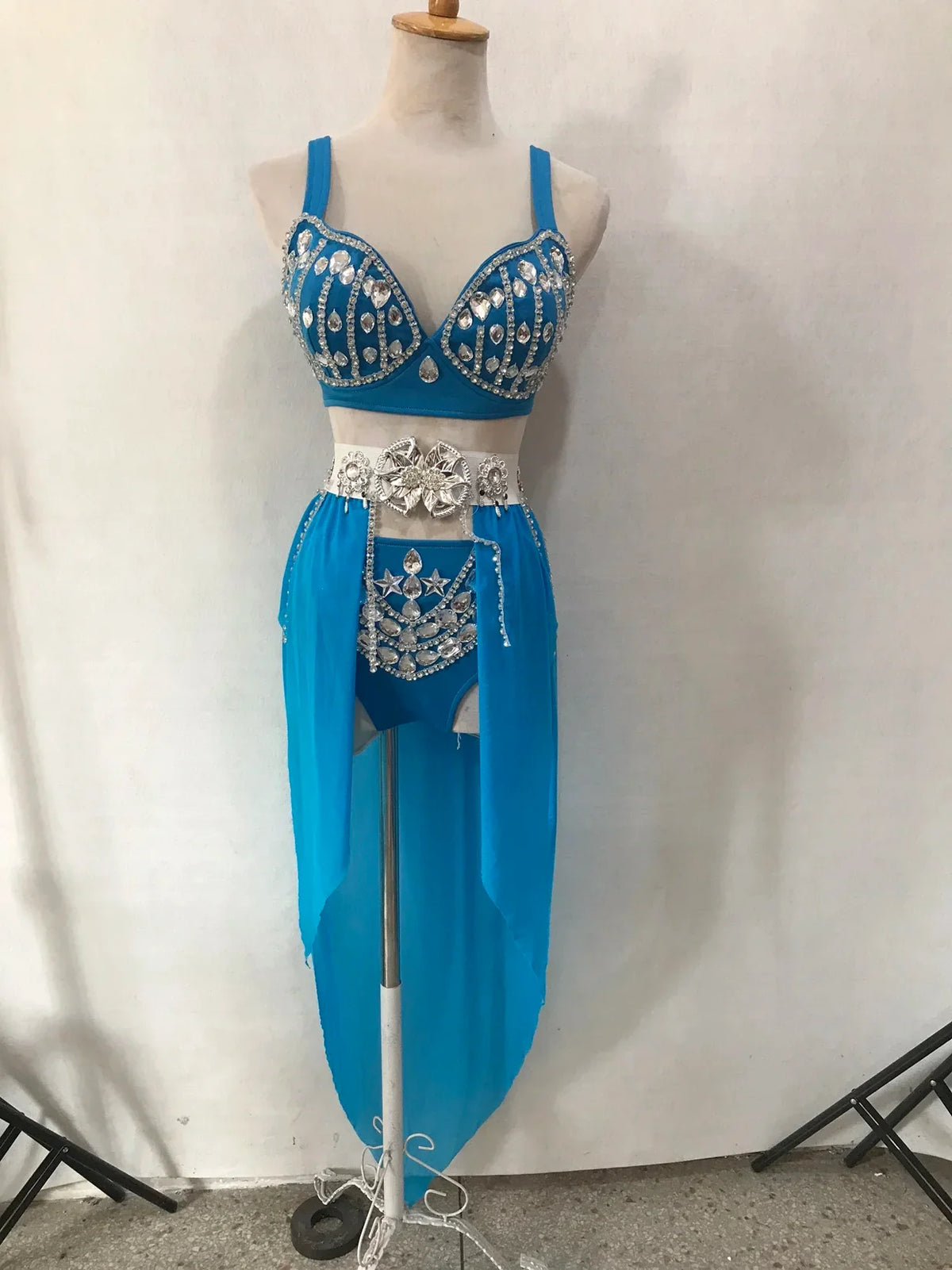 Women's Rhinestone Two-Piece Dance Costume | Stage Performance Top & Shorts