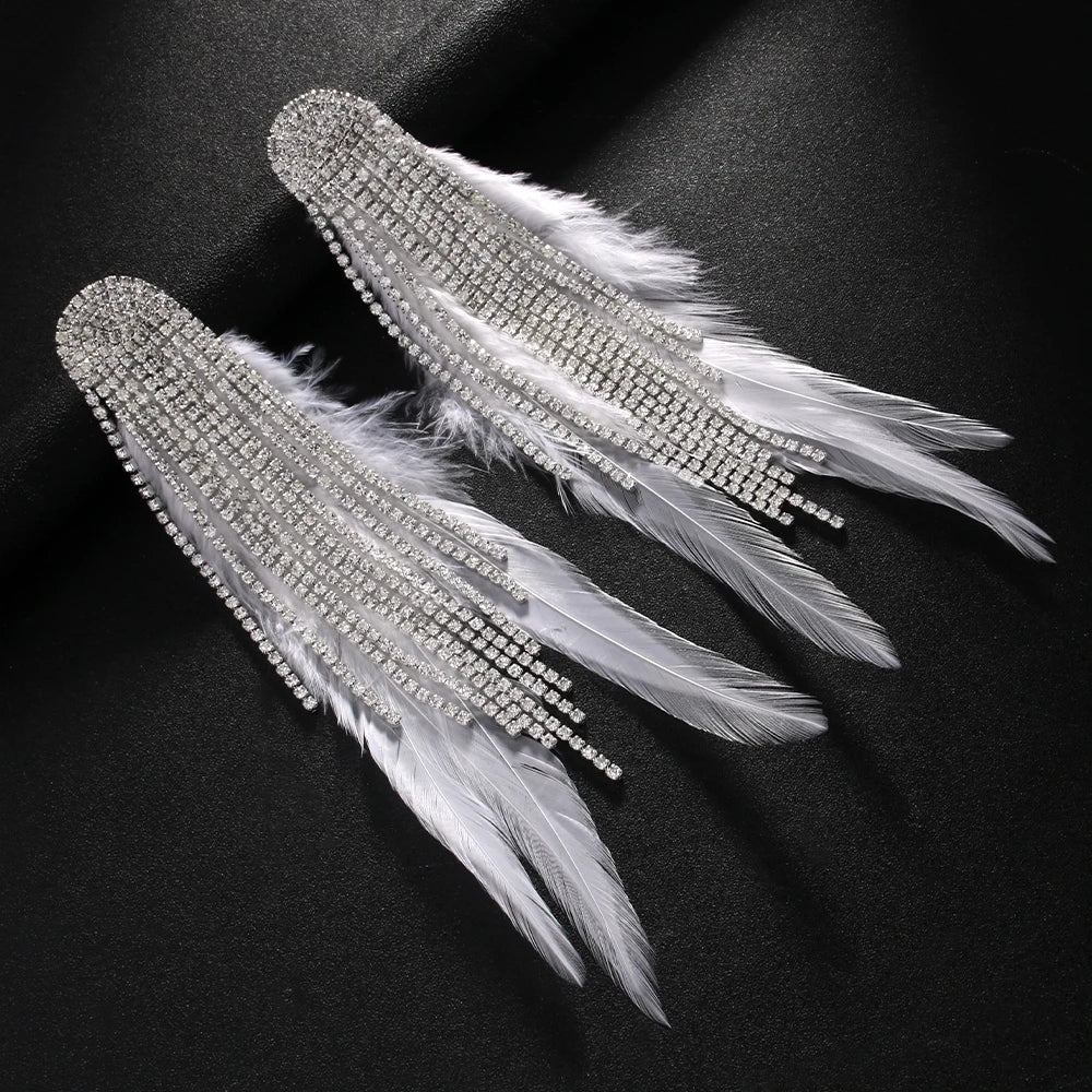 Boho Tassel Feather Drop Earrings – Crystal Dangle Earrings for Women, Gold or Silver Plated Bridal & Wedding Jewelry