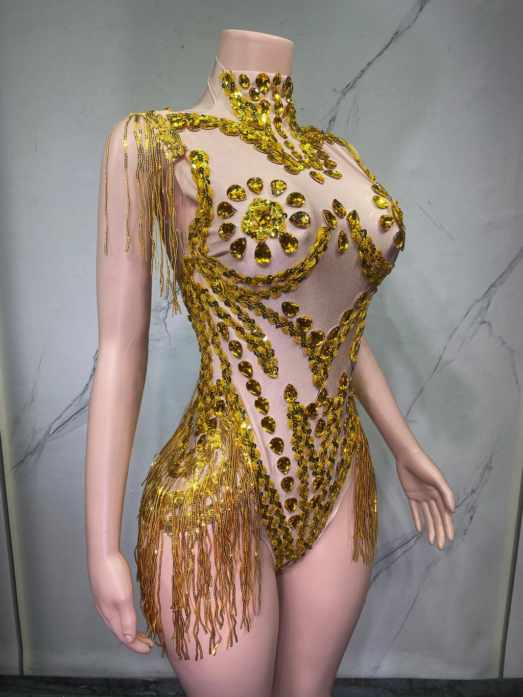 Sheer Mesh Rhinestone Performance Bodysuit for Women