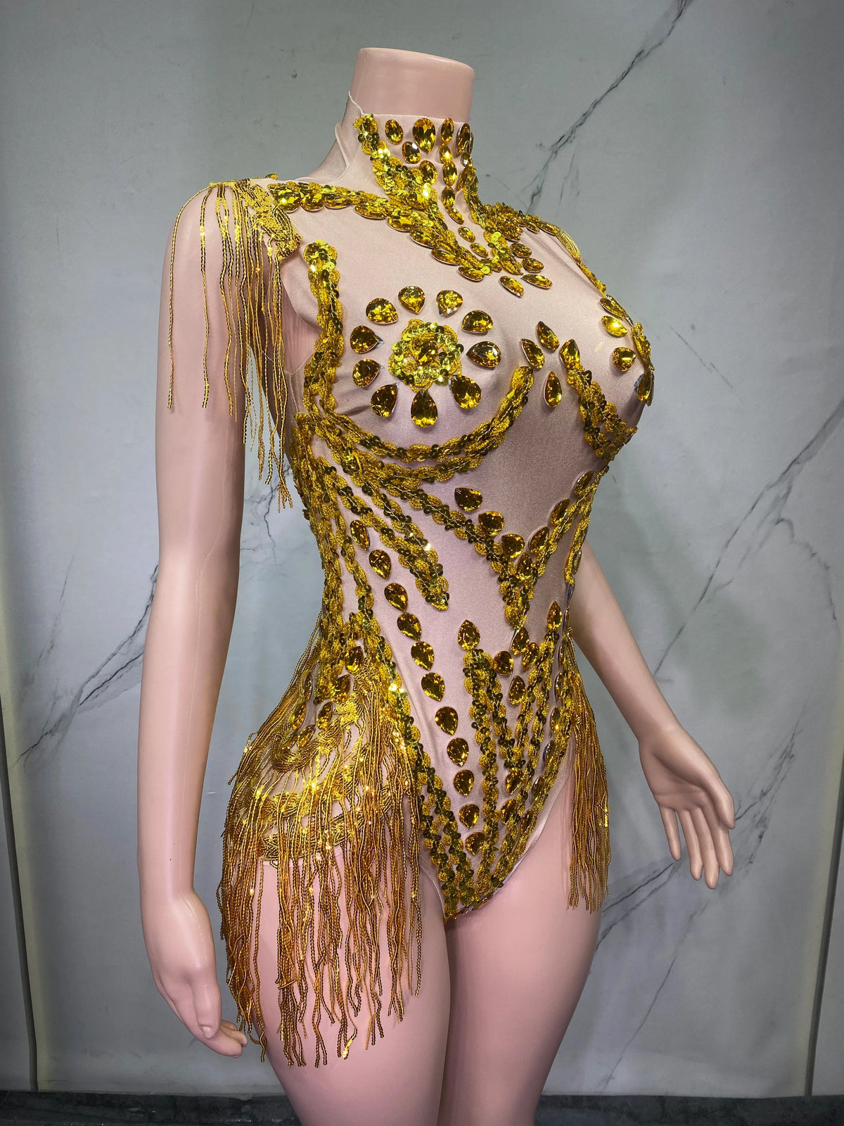Sheer Mesh Rhinestone Performance Bodysuit for Women