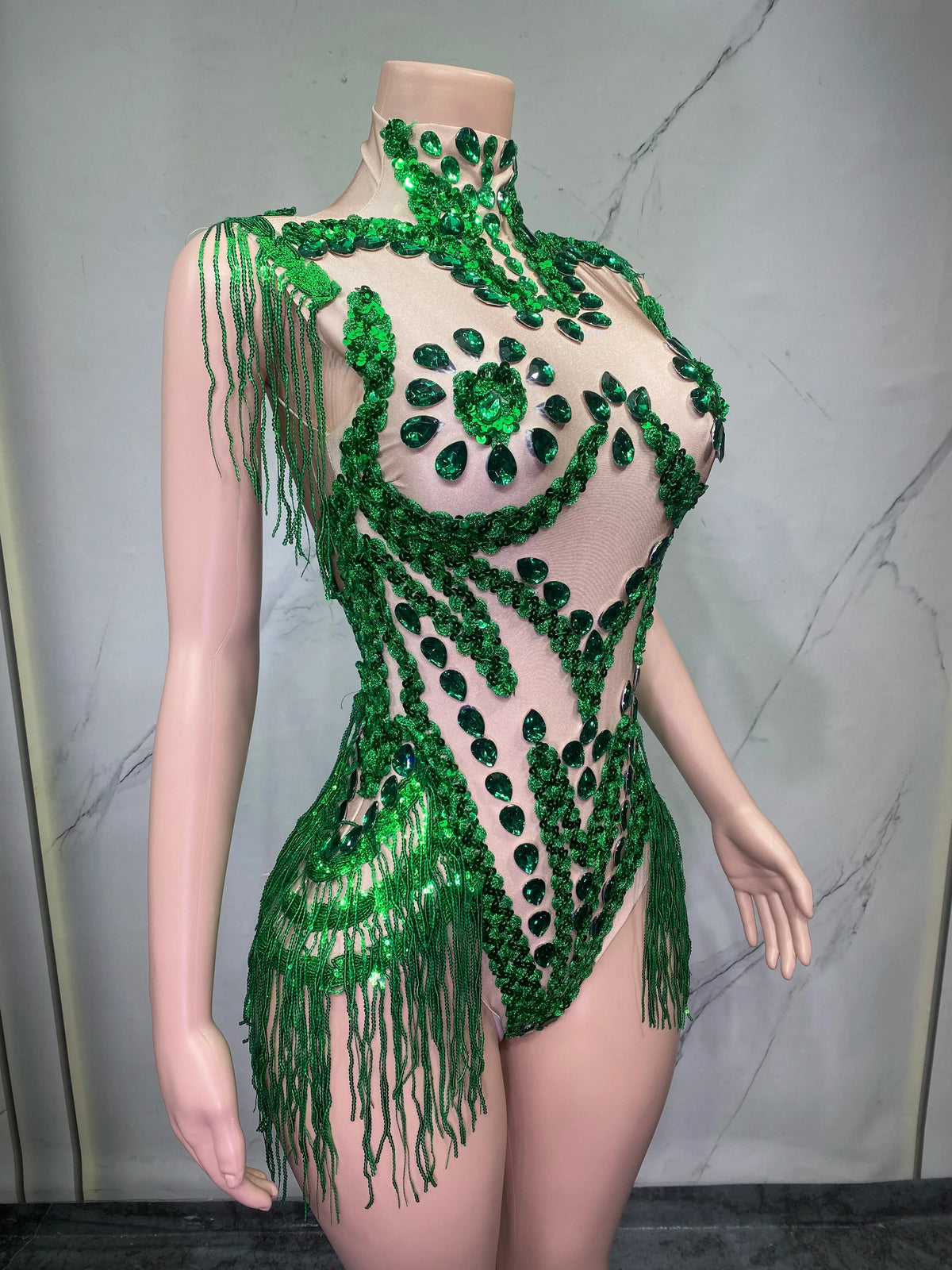Sheer Mesh Rhinestone Performance Bodysuit for Women