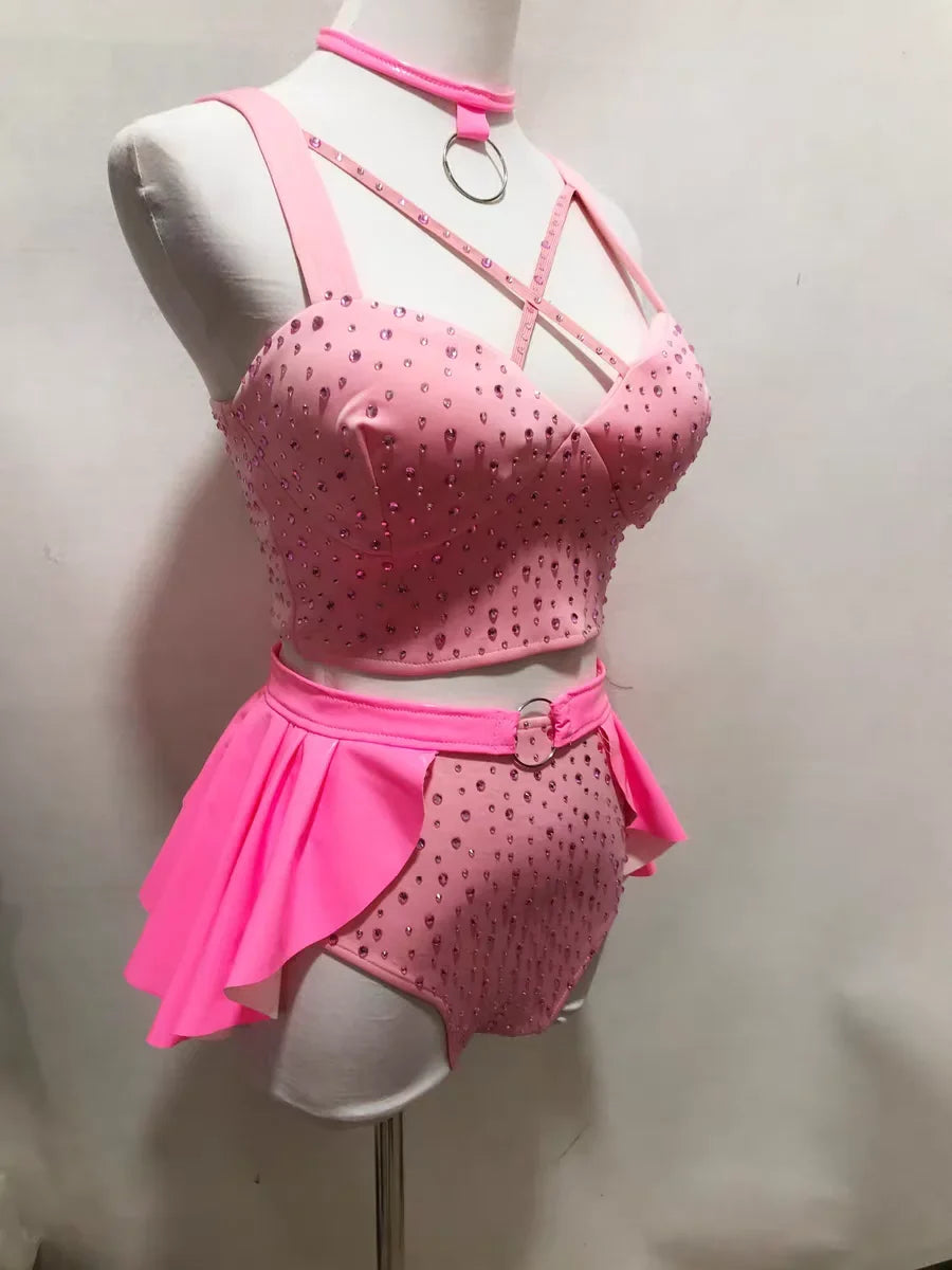 Pink Stage Dance Bodysuit with Flared Hip Panels | Performance Costume