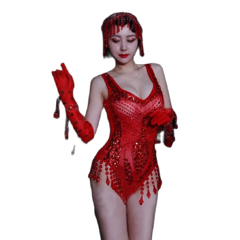 Women's Red Rhinestone Bodysuit & Gloves Dance Costume