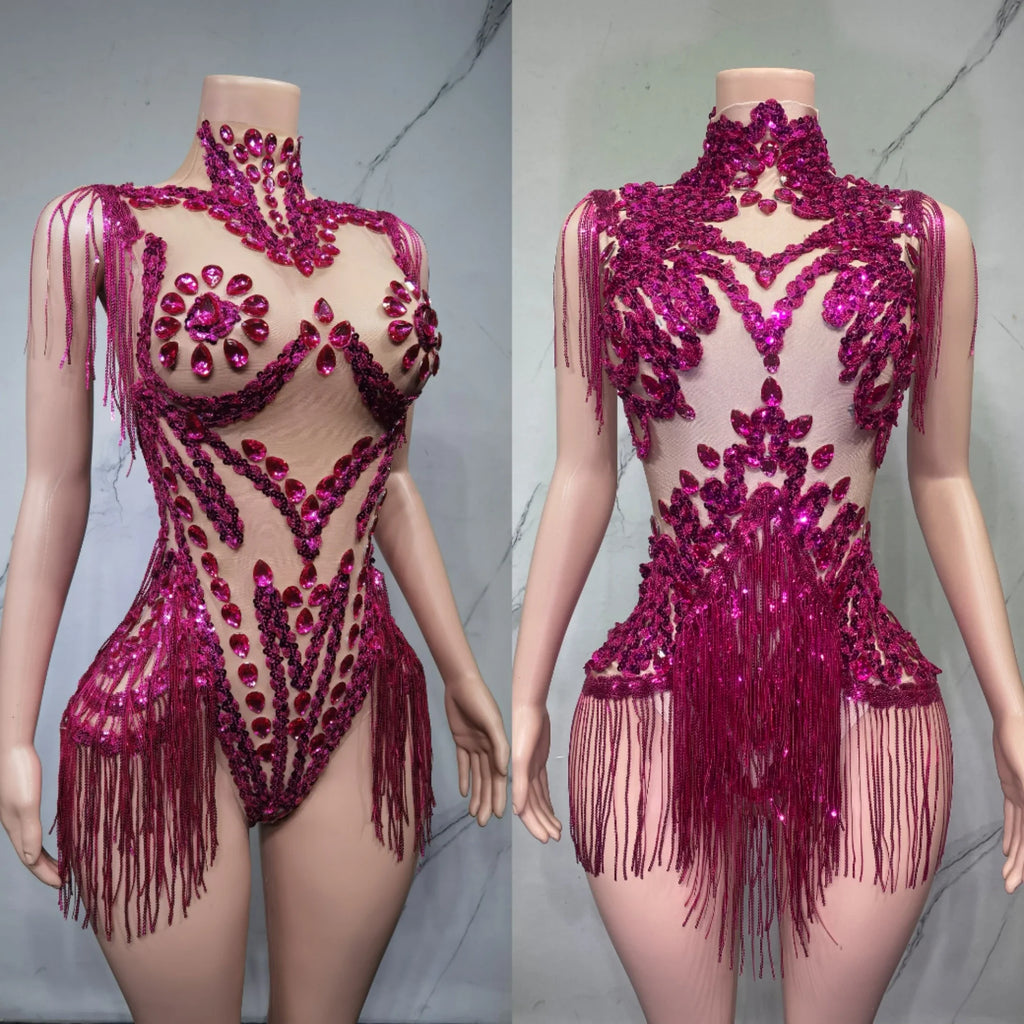 Sheer Mesh Rhinestone Performance Bodysuit for Women