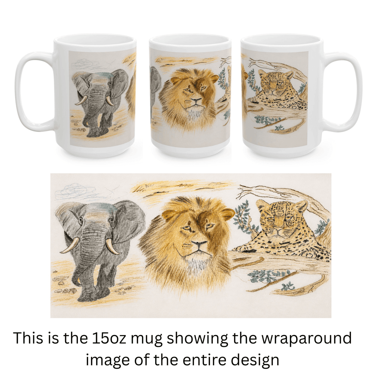 PimsArt African Safari Lion Elephant Leopard Mug From Original Drawing