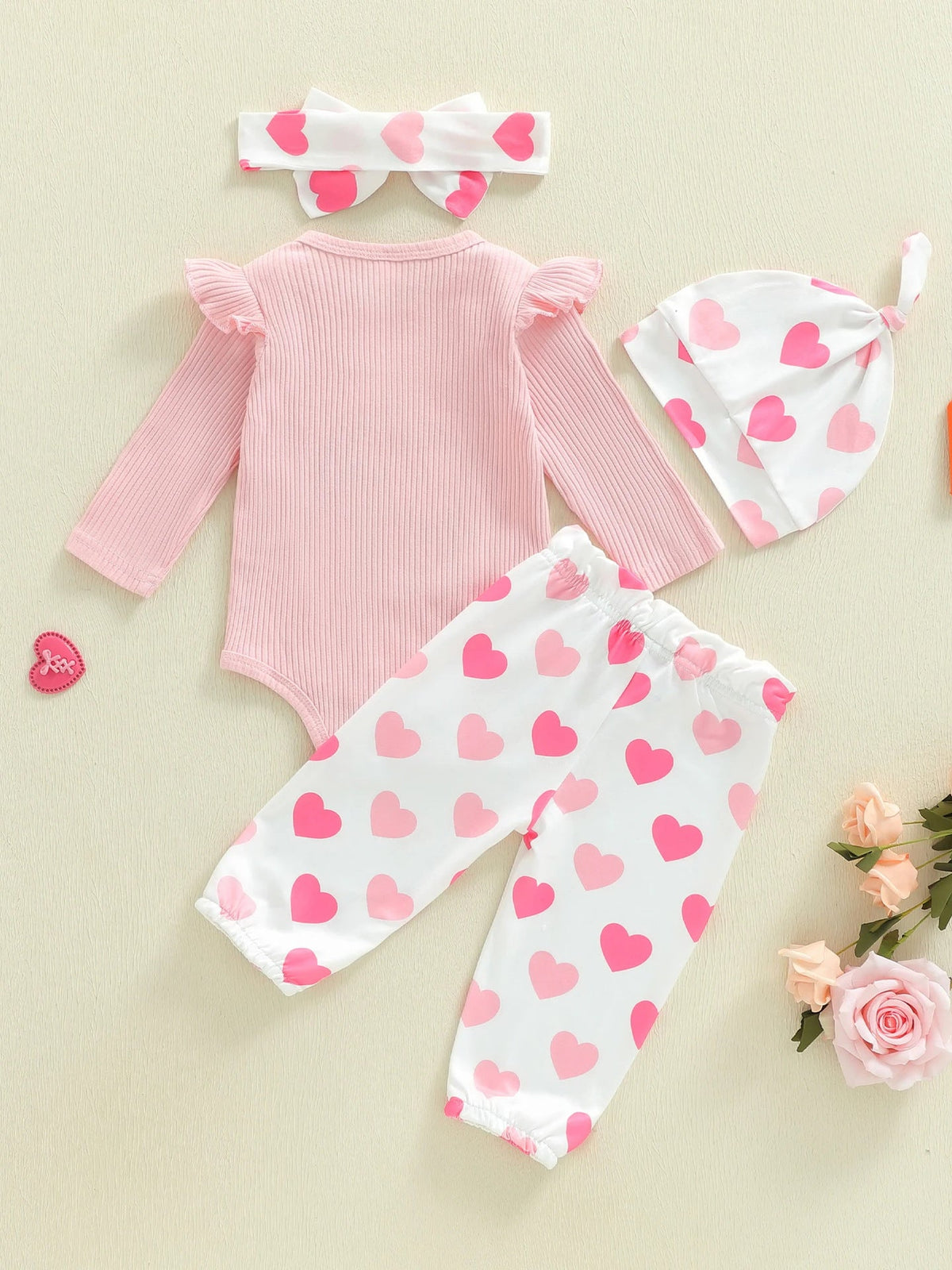 Long-sleeved Onesie With Long Pants Hat Hairband, Four-piece Set