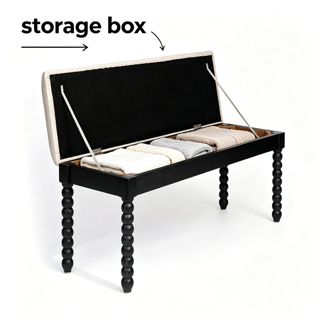Farmhouse Wooden Storage Bench with Soft Cushion – Turned Spindle Legs