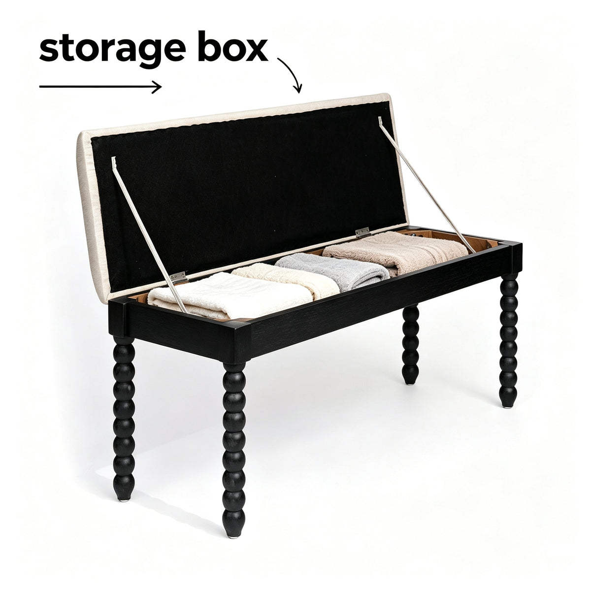 Farmhouse Wooden Storage Bench with Soft Cushion – Turned Spindle Legs