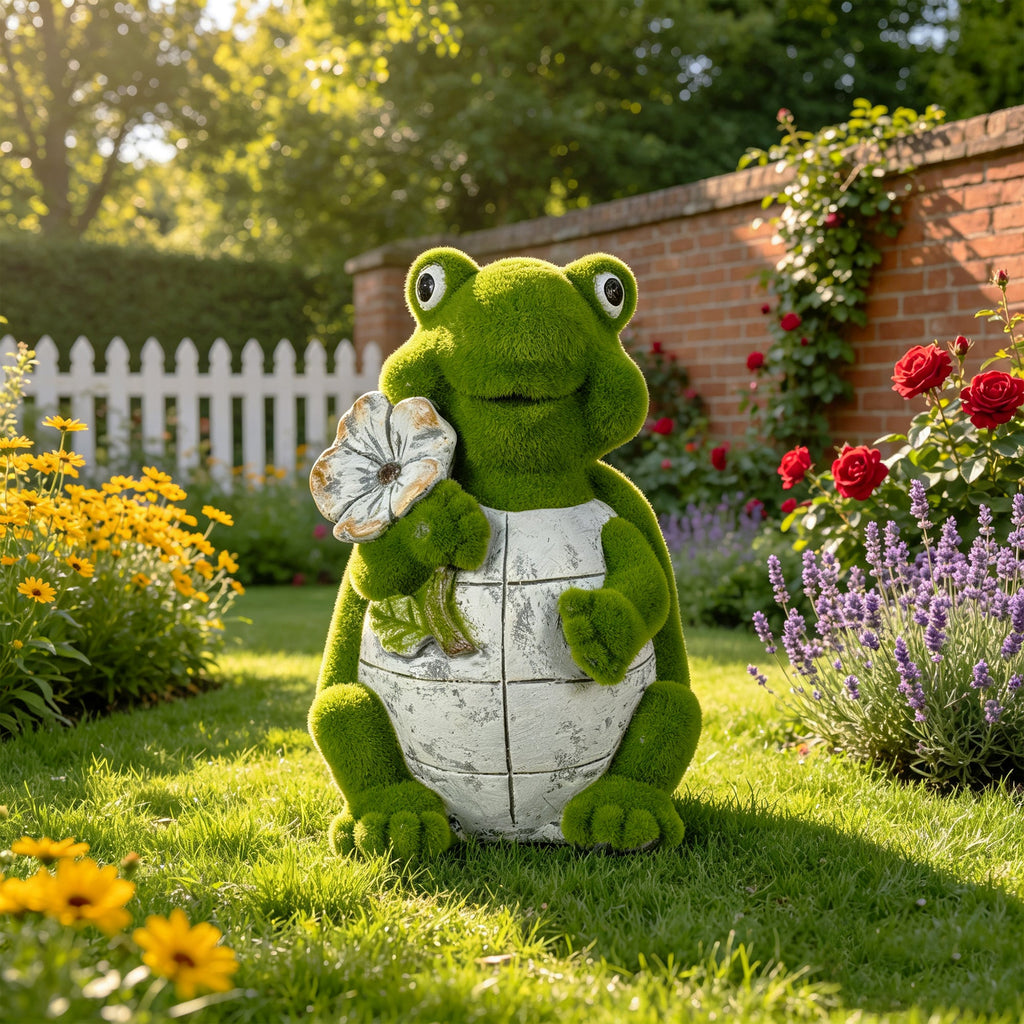 Flocked Turtle Garden Statue with Flocked Finish - Green