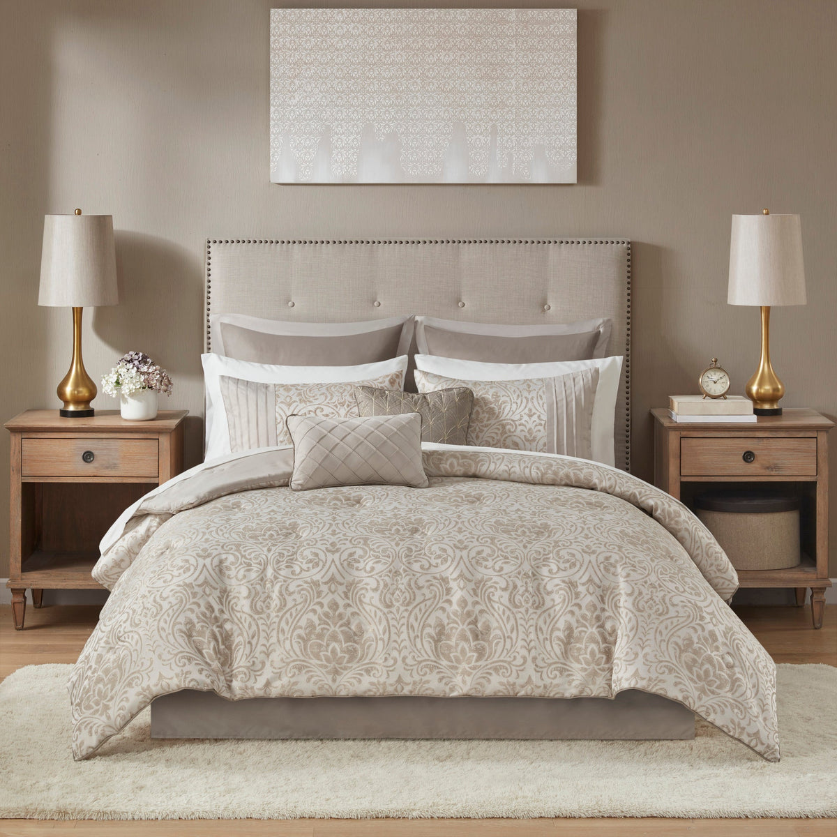 12 Piece Jacquard Comforter Set with Bed Sheets - Khaki Cal King