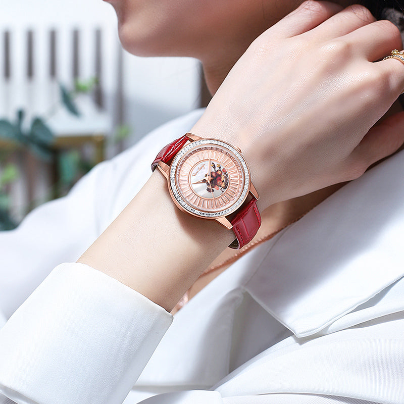 Van Gogh Women's Quartz Watch 3D Printed Oil Painting Dial Full Zirconium Leather Strap Series