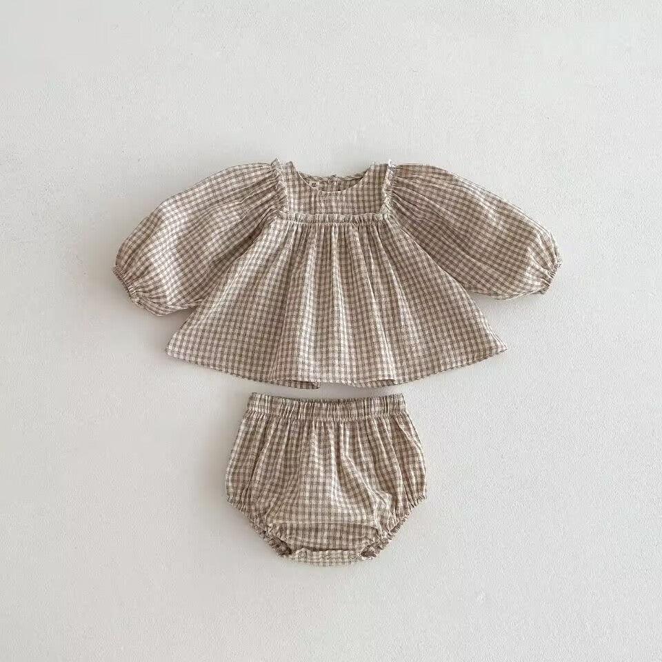Embroidered Plaid Baby Girl Bloomers Set Cotton