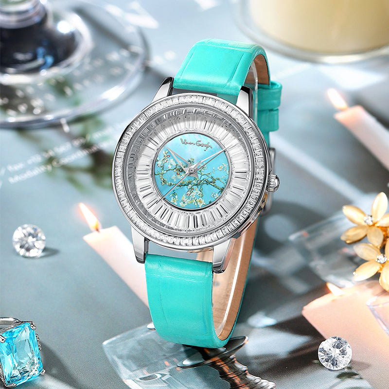 Van Gogh Women's Quartz Watch 3D Printed Oil Painting Dial Full Zirconium Leather Strap Series