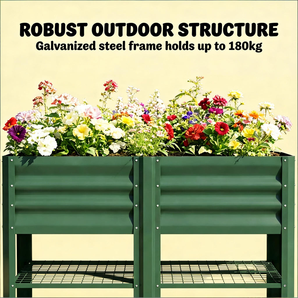 Outdoor Elevated Planter Box with Storage Shelf - Green