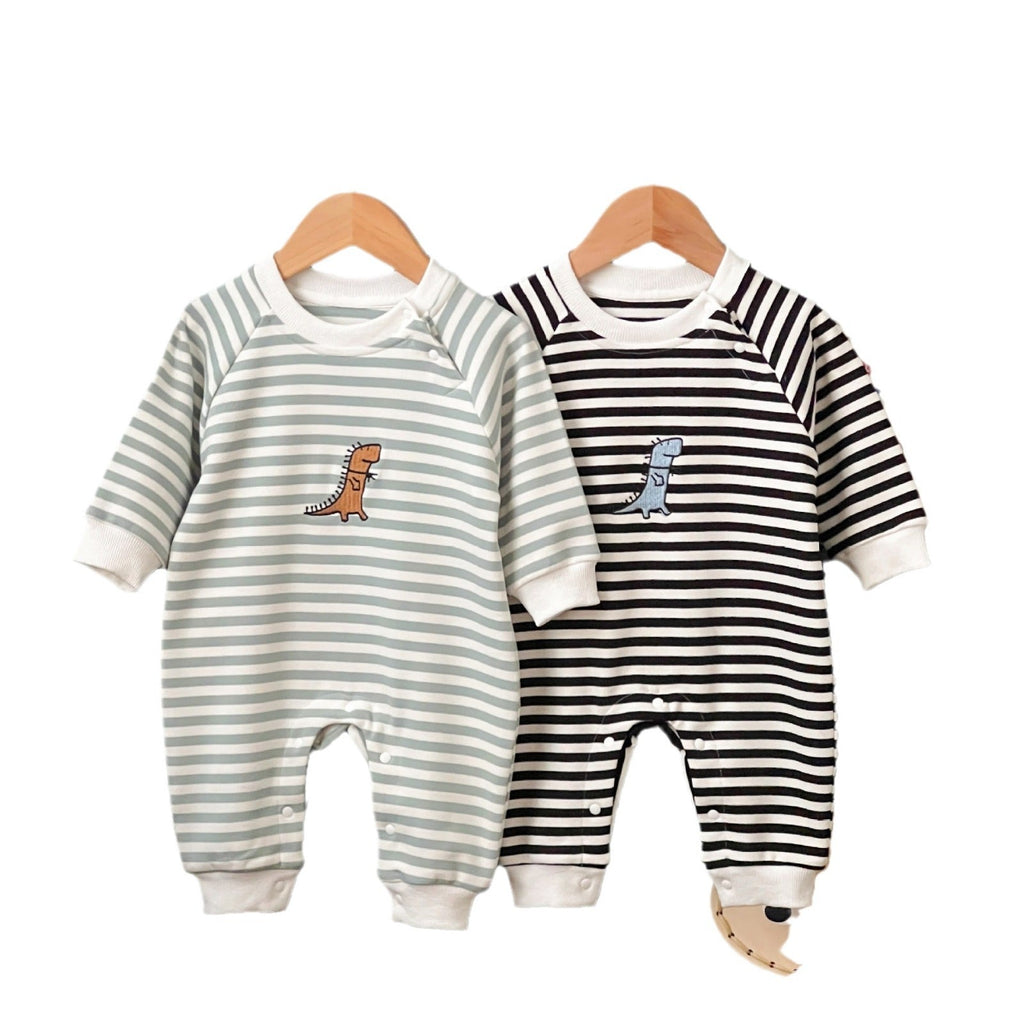 Springautumn New Arrival Striped Dinosaur-embroidered Baby Romper For 0 2 year olds