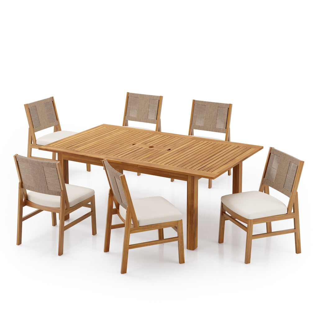 7-Piece Outdoor Acacia Wood Dining Set with Rope-Woven Armchairs - Cream, Teak