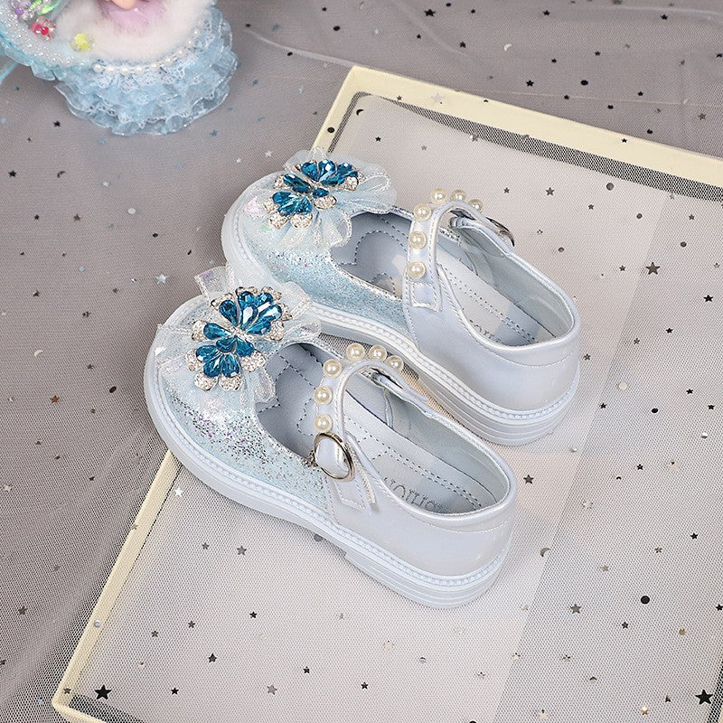 2026 Spring & Autumn New Girls Light-Up Princess Leather Shoes, Elsa Crystal Soft Sole Flat Shoes, Little Girls Pearl Decor Single Shoes