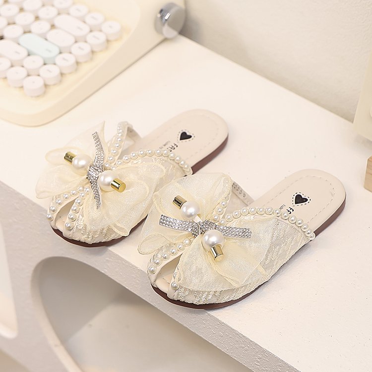 Girls' Children's Slippers Summer Style Fish Mouth Outdoor Half Drag Sandals Fashionable Middle-aged Children's Bow One Line Cool Drag