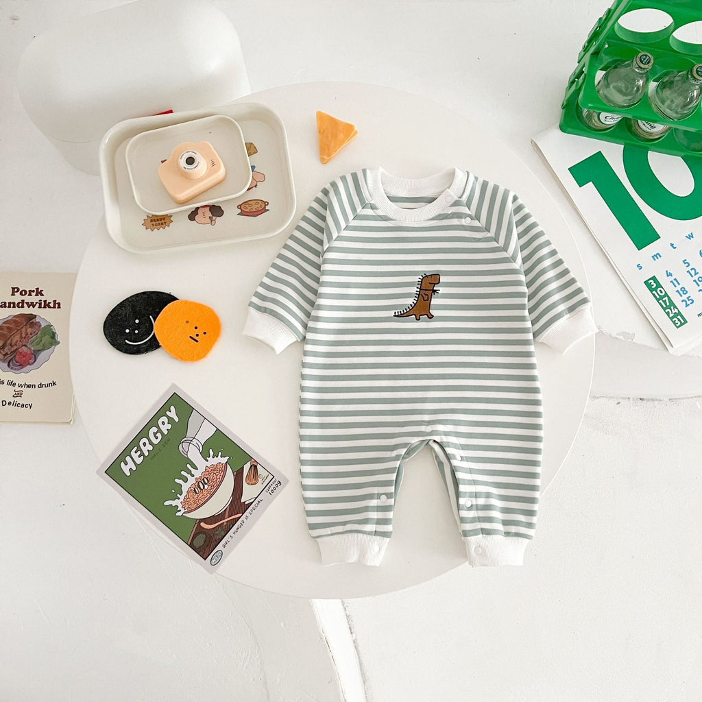 Springautumn New Arrival Striped Dinosaur-embroidered Baby Romper For 0 2 year olds