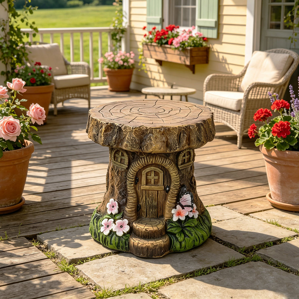 Tree Stump Fairy House Sculptures Garden Statue Stool with Whimsical Design