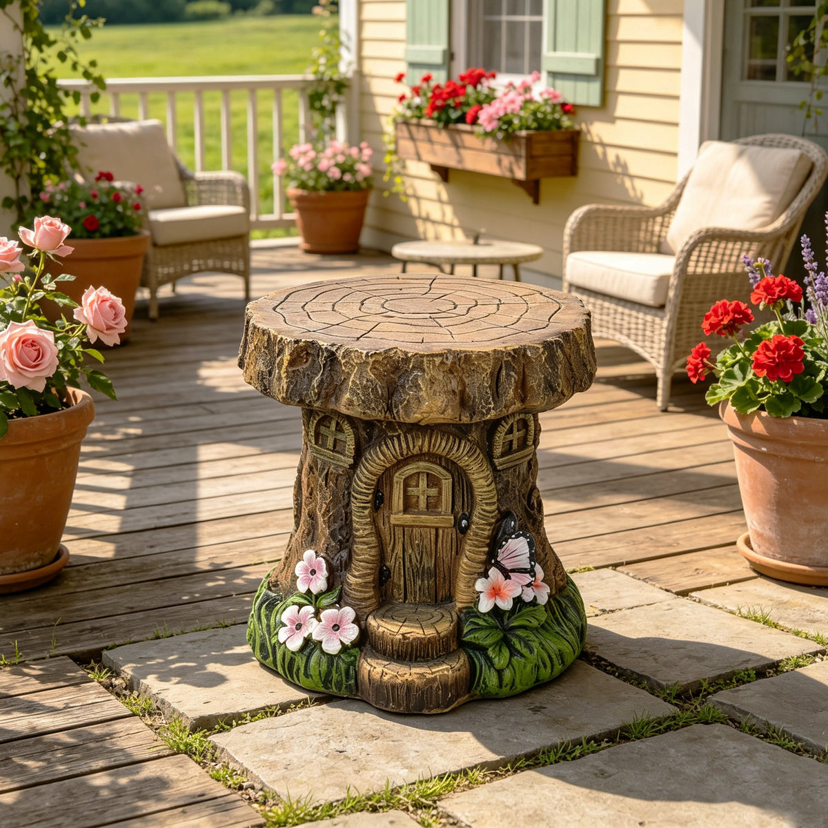 Tree Stump Fairy House Sculptures Garden Statue Stool with Whimsical Design