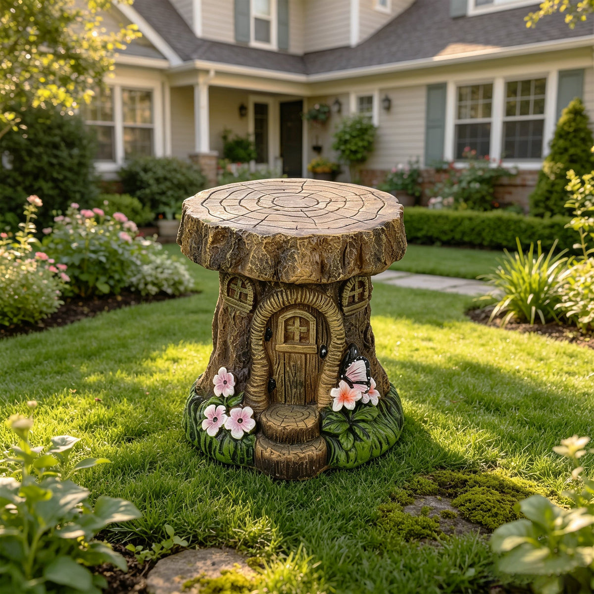 Tree Stump Fairy House Sculptures Garden Statue Stool with Whimsical Design
