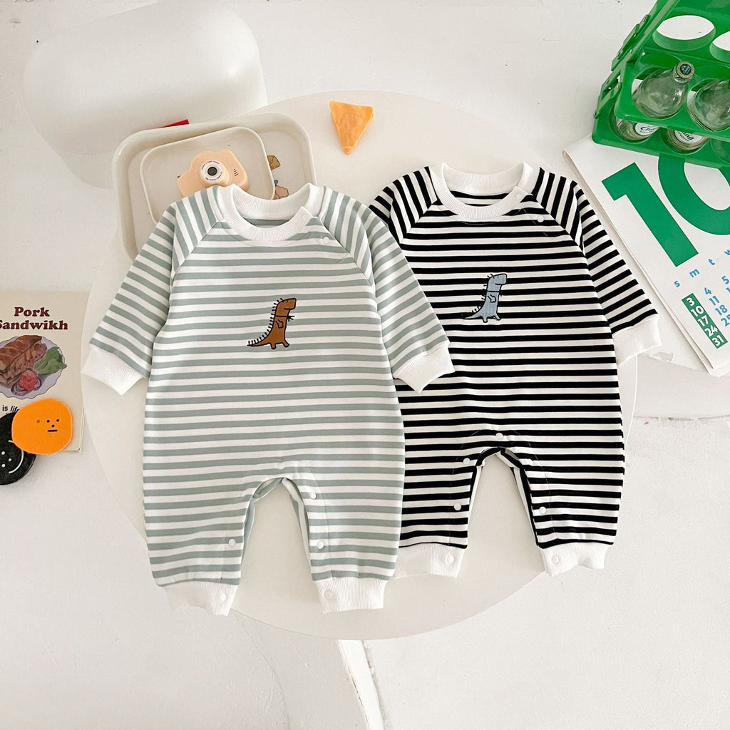 Springautumn New Arrival Striped Dinosaur-embroidered Baby Romper For 0 2 year olds