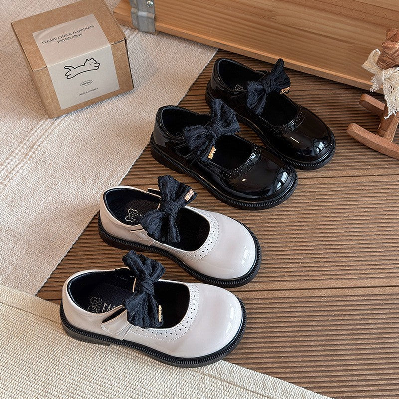 2026 Spring New Kids Leather Shoes, Stylish Black Bow Princess Mary Jane Flat Shoes For Girls