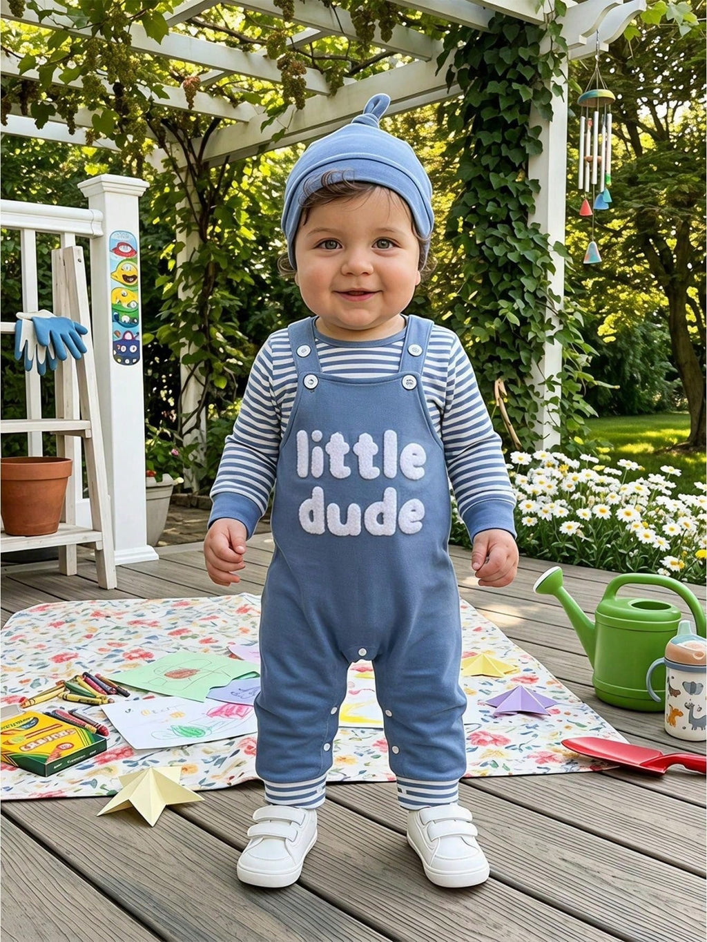 Baby And Toddler Striped Long-sleeve Romper Suspender Pants And Hat Set