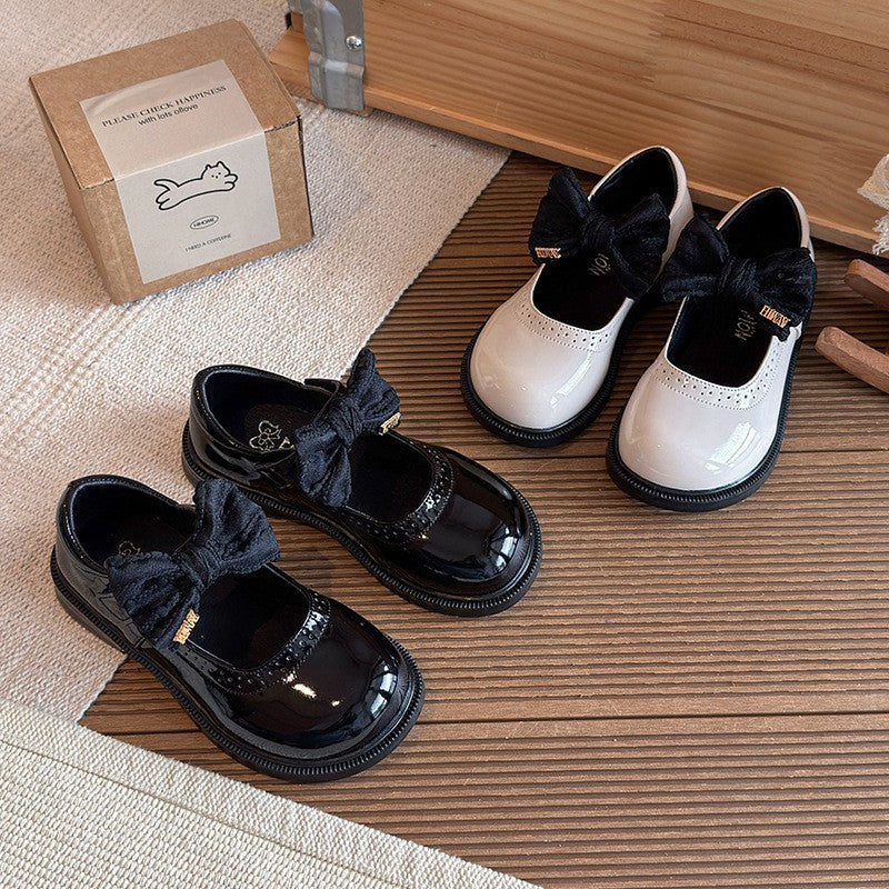 2026 Spring New Kids Leather Shoes, Stylish Black Bow Princess Mary Jane Flat Shoes For Girls