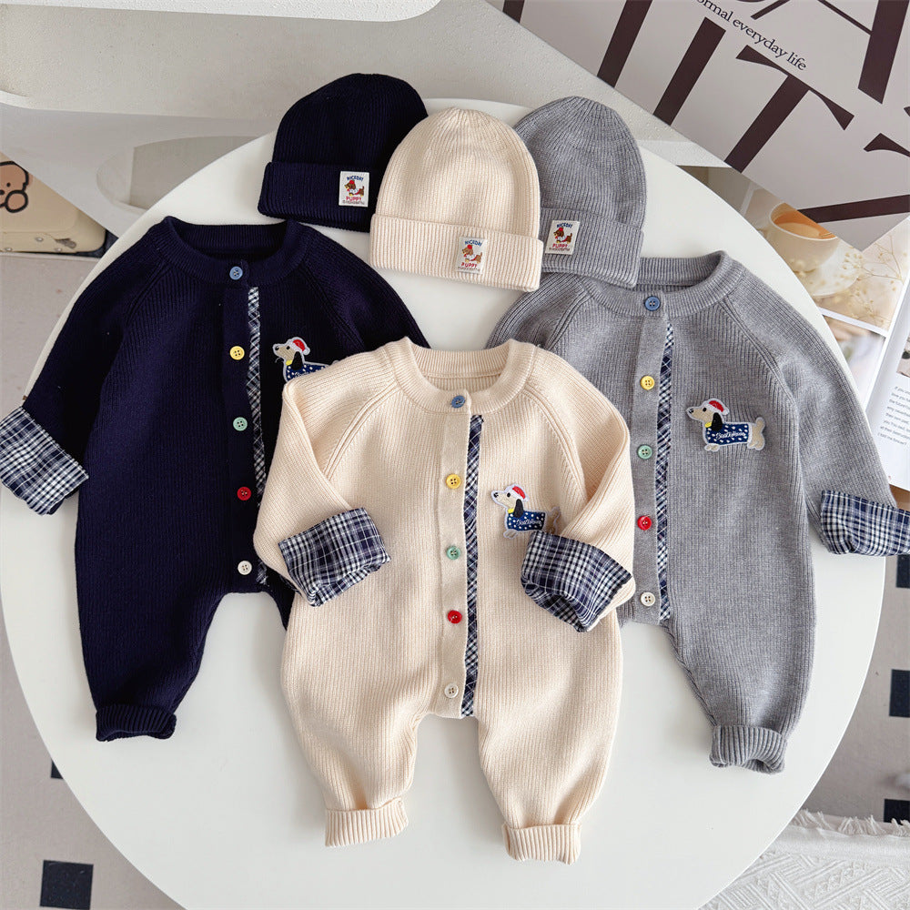 Trendy Knitted Wool Romper Two-piece Set Dachshund-themed Onesie