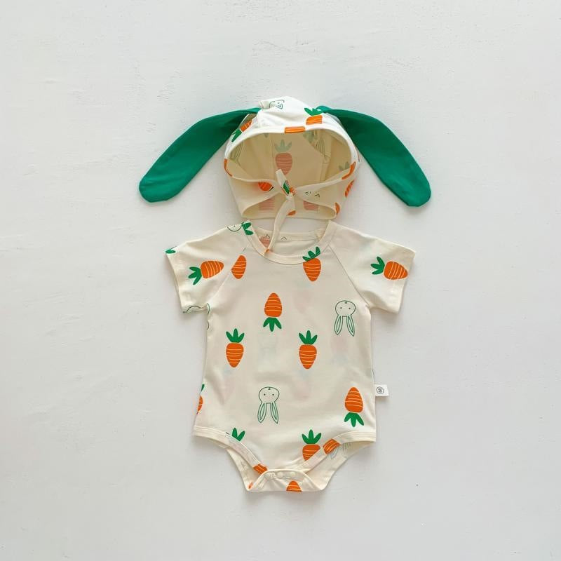 Baby Girl Bunny Short Sleeve Thin Hooded Triangle Romper Onesie Spring Clothes