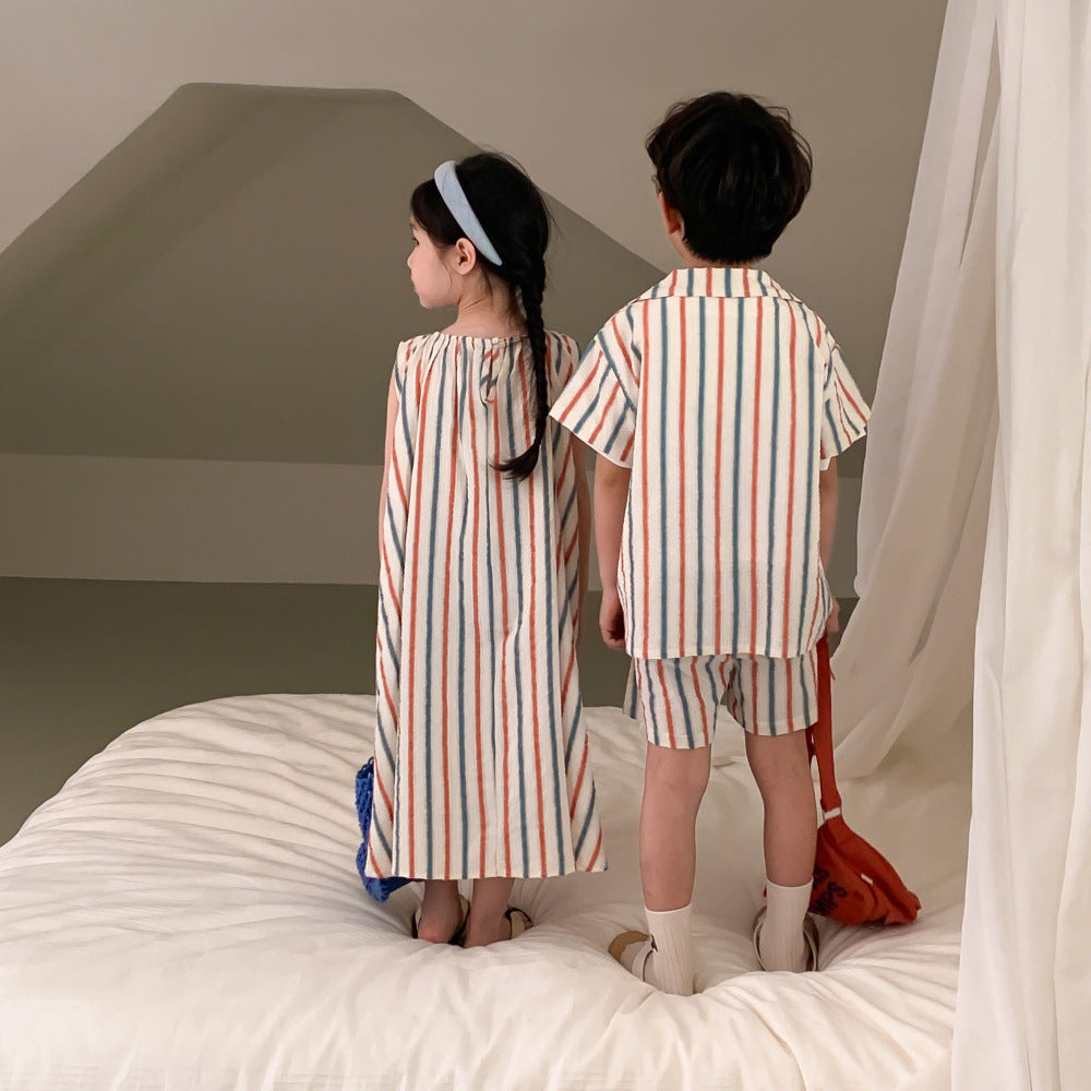 Striped Vest Dress And Short-sleeve Shorts Set