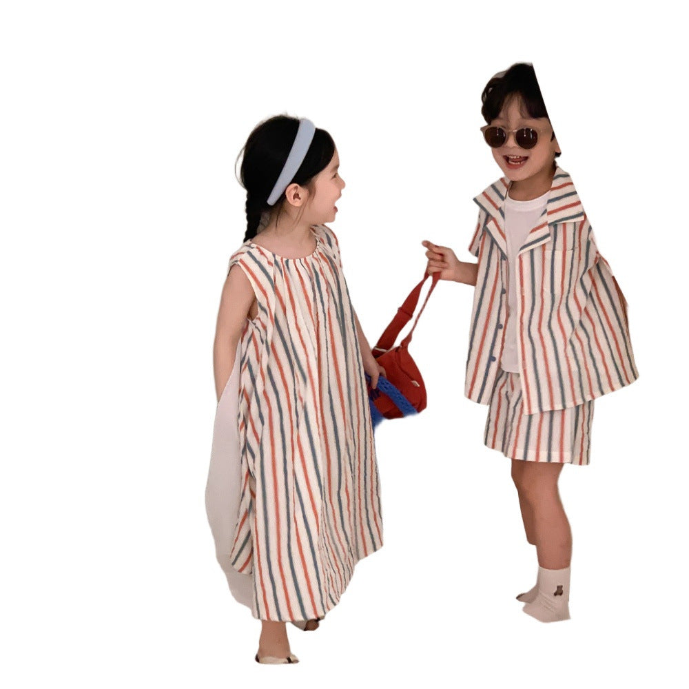 Striped Vest Dress And Short-sleeve Shorts Set