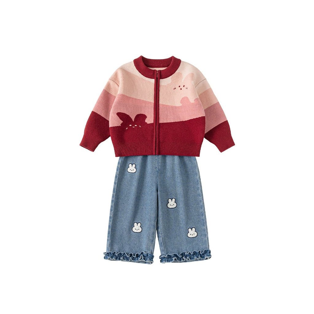 Cartoon Girls Sweater Jeans Set Acrylic Knitted