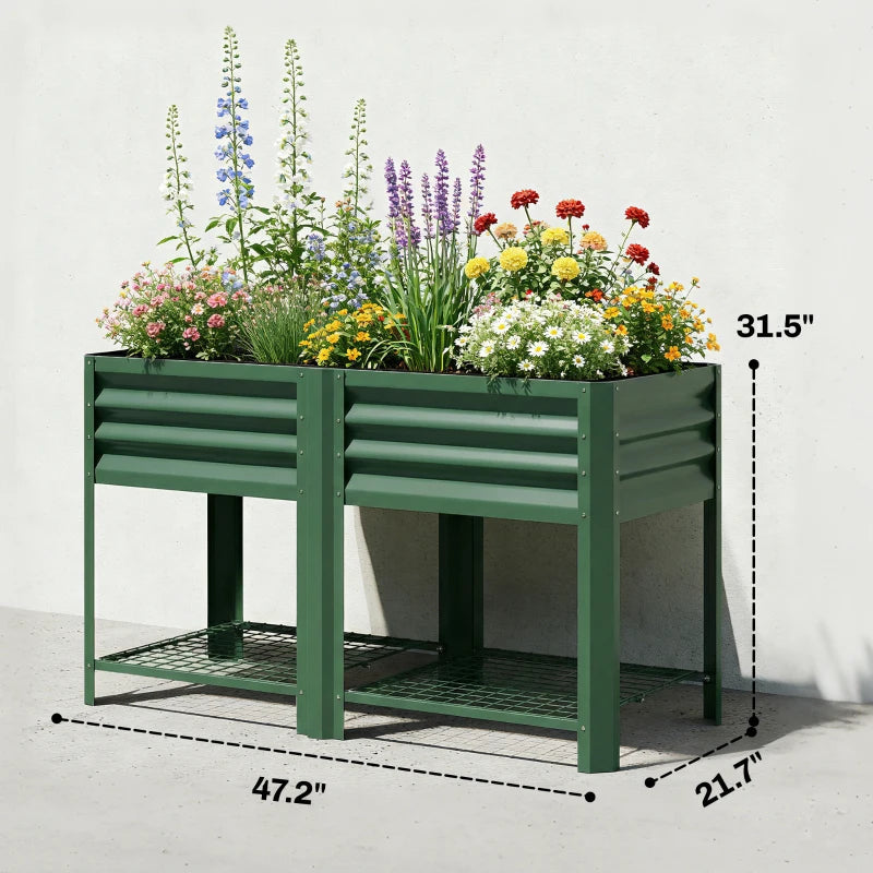 Outdoor Elevated Planter Box with Storage Shelf - Green