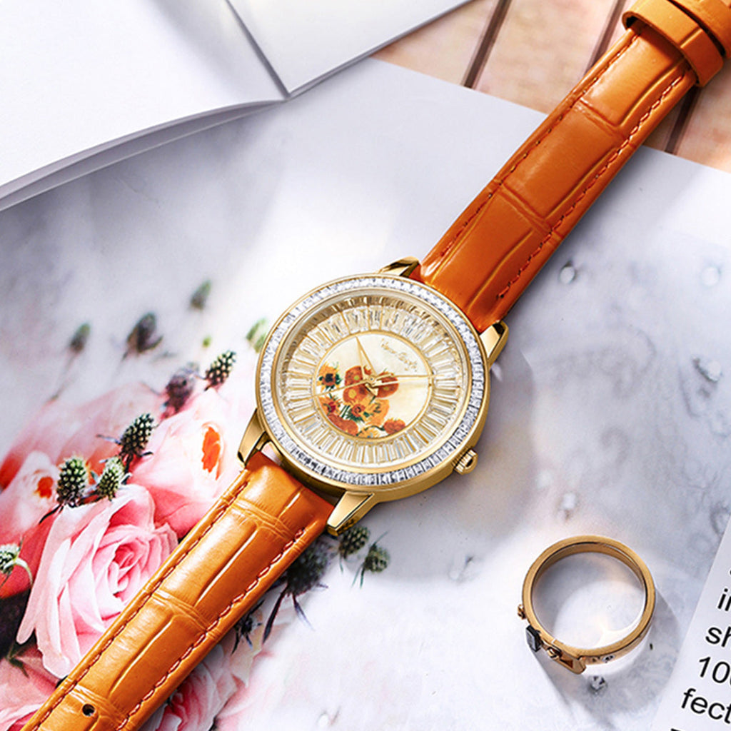 Van Gogh Women's Quartz Watch 3D Printed Oil Painting Dial Full Zirconium Leather Strap Series