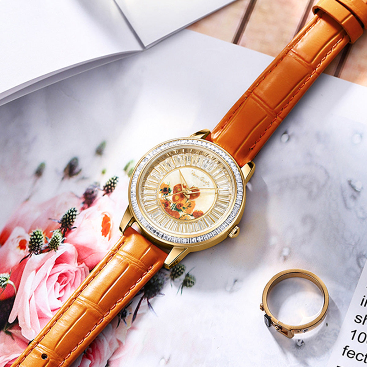 Van Gogh Women's Quartz Watch 3D Printed Oil Painting Dial Full Zirconium Leather Strap Series