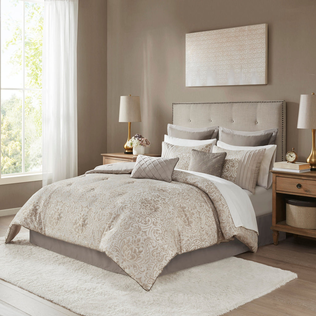 12 Piece Jacquard Comforter Set with Bed Sheets - Khaki Cal King