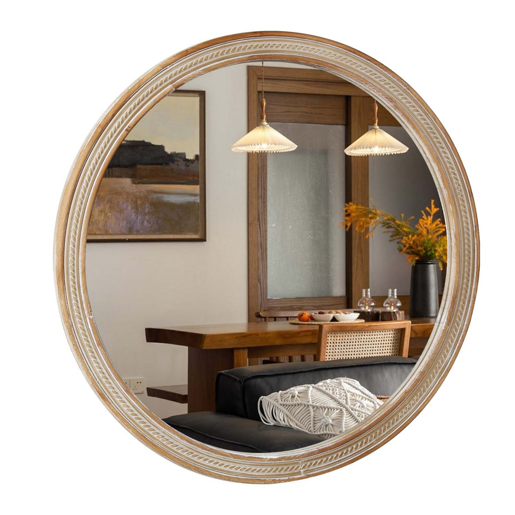 Round Decorative Wall Mirror with Woven Rattan-Textured Frame