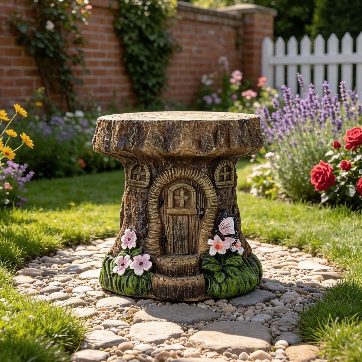 Tree Stump Fairy House Sculptures Garden Statue Stool with Whimsical Design